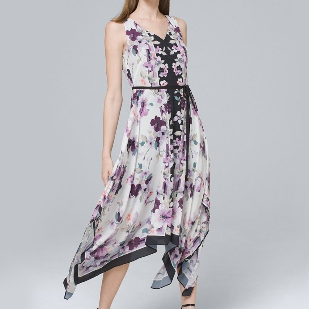 WHBM $150 GORGEOUS! Floral Handkerchief-Hem Dress Lilac Lavender 14
